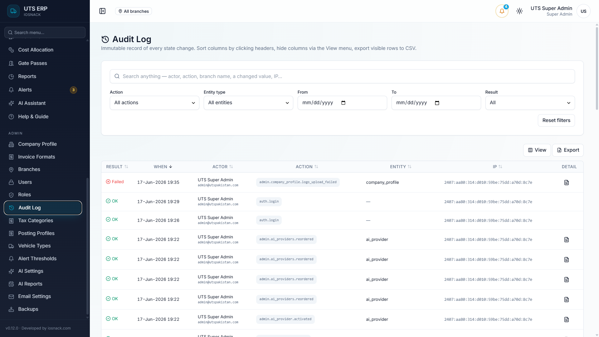 UTS — Role-based access, multi-branch scoping and a full audit trail — Screenshot 3