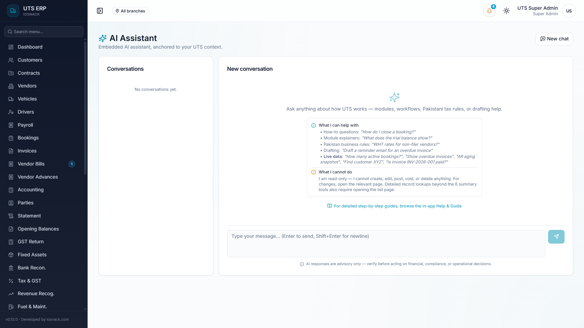 UTS — An AI layer that audits the business and answers questions across every module — Screenshot 1
