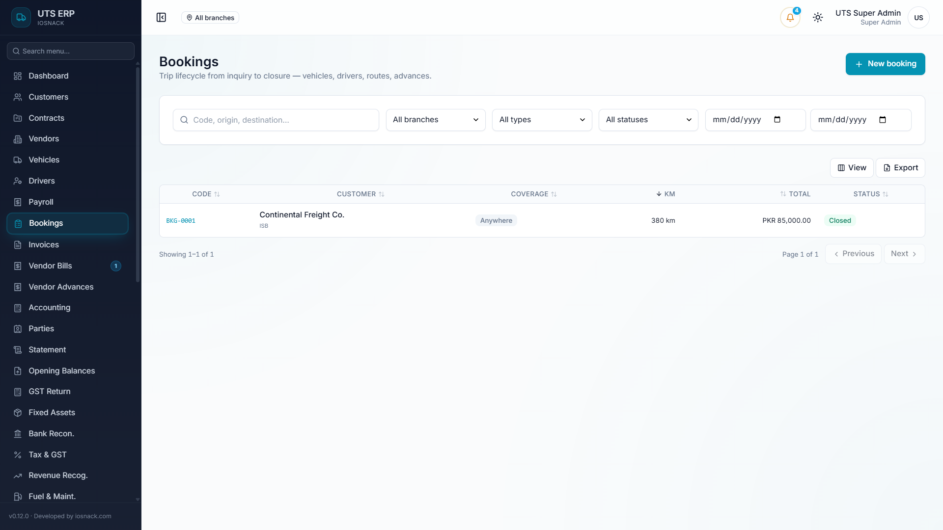 UTS — Multi-vehicle bookings with conflict prevention and activity-based costing — Screenshot 2