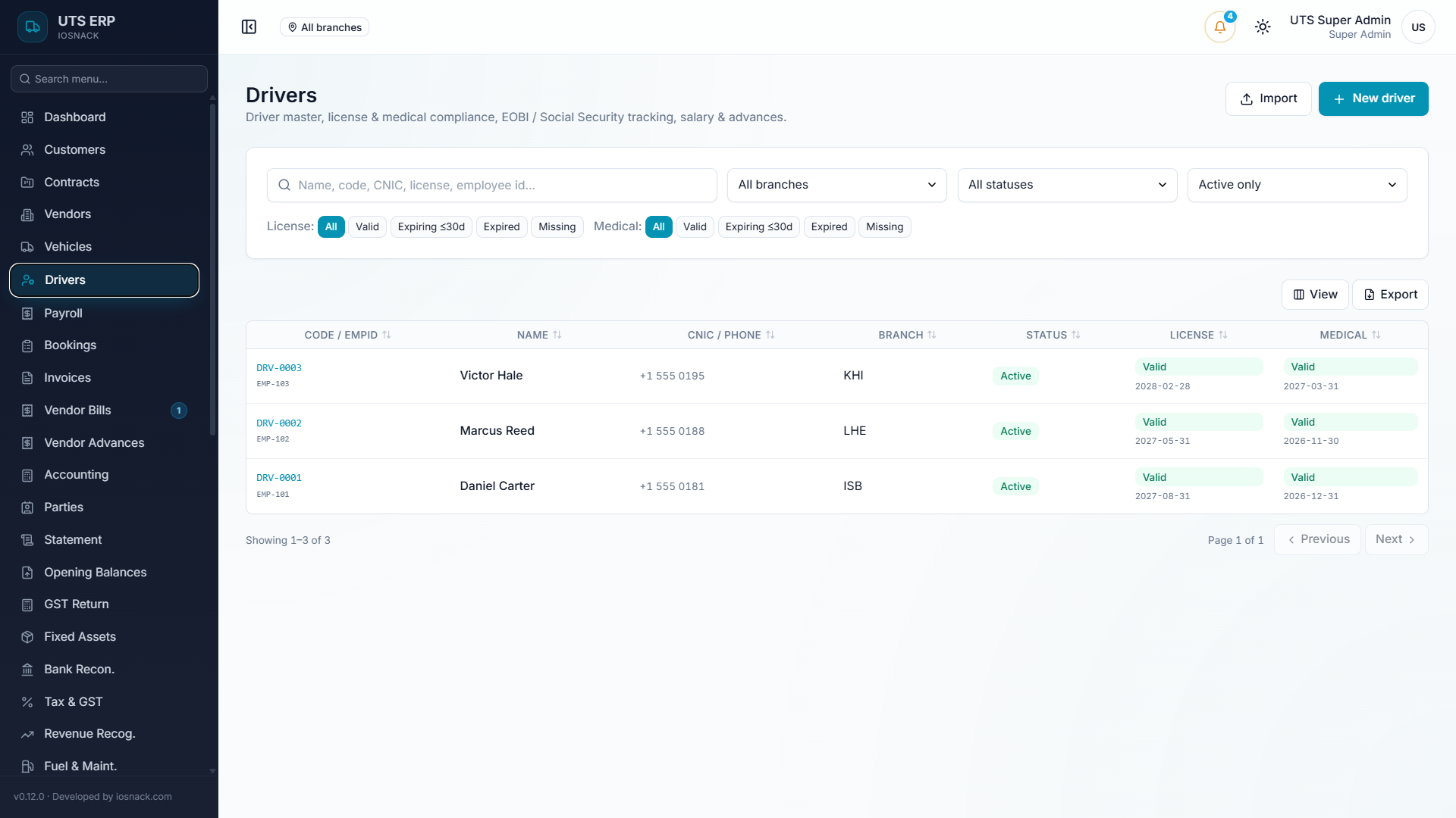 UTS — Customers, vendors, vehicles and drivers — one master record each, with compliance built in — Screenshot 2