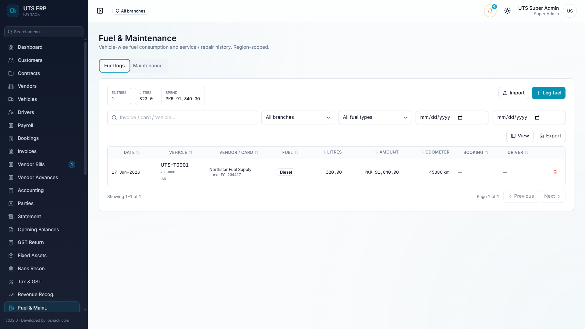 UTS — Fuel and maintenance tracked per vehicle — with distance- and time-based service alerts — Screenshot 1