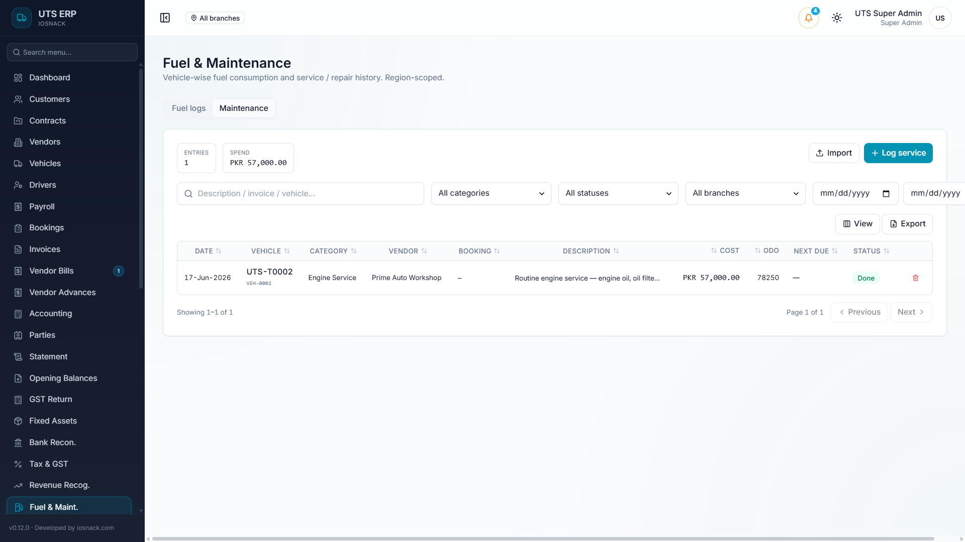 UTS — Fuel and maintenance tracked per vehicle — with distance- and time-based service alerts — Screenshot 2