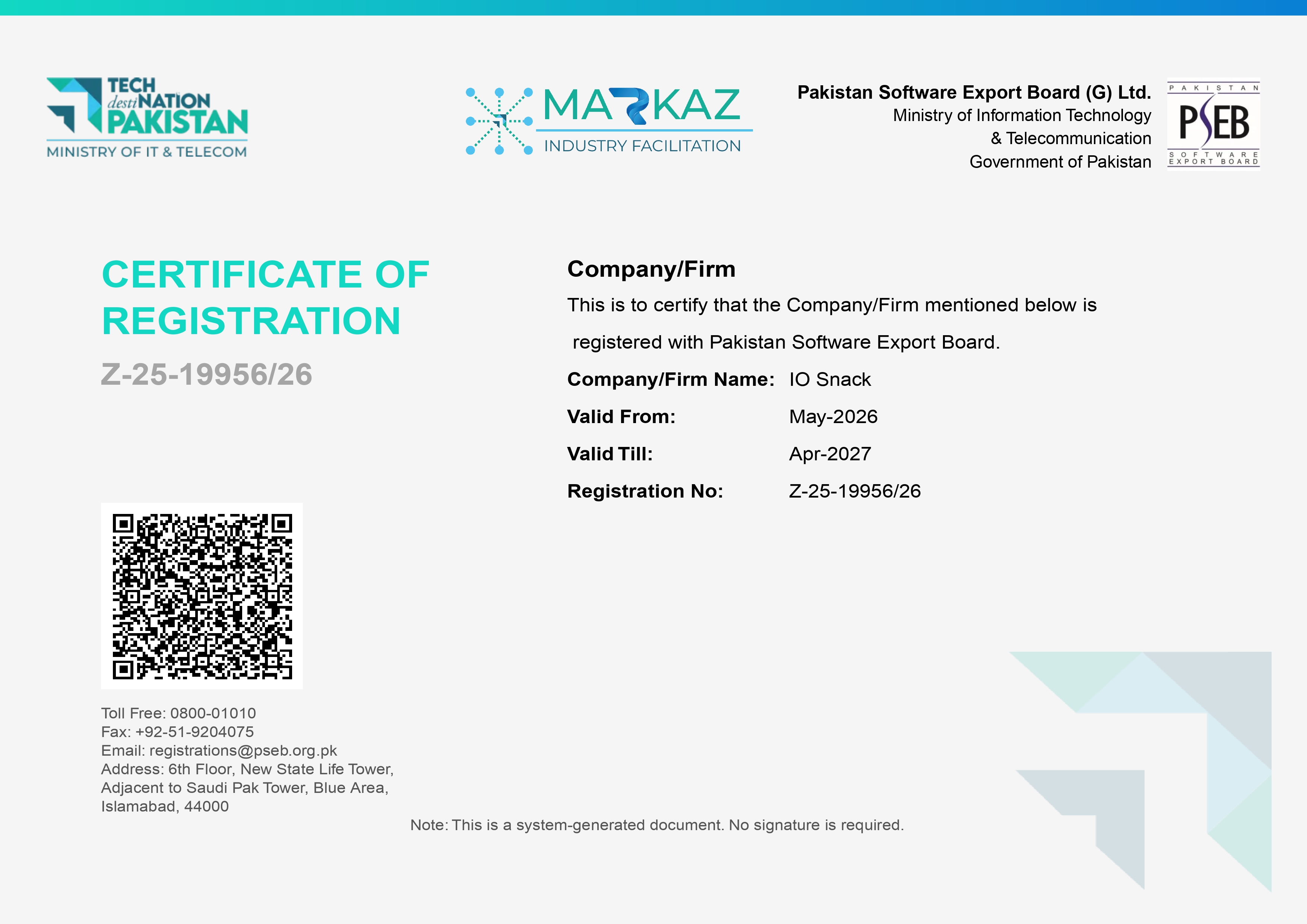 PSEB Certificate of Registration — IO Snack — Z-25-19956/26