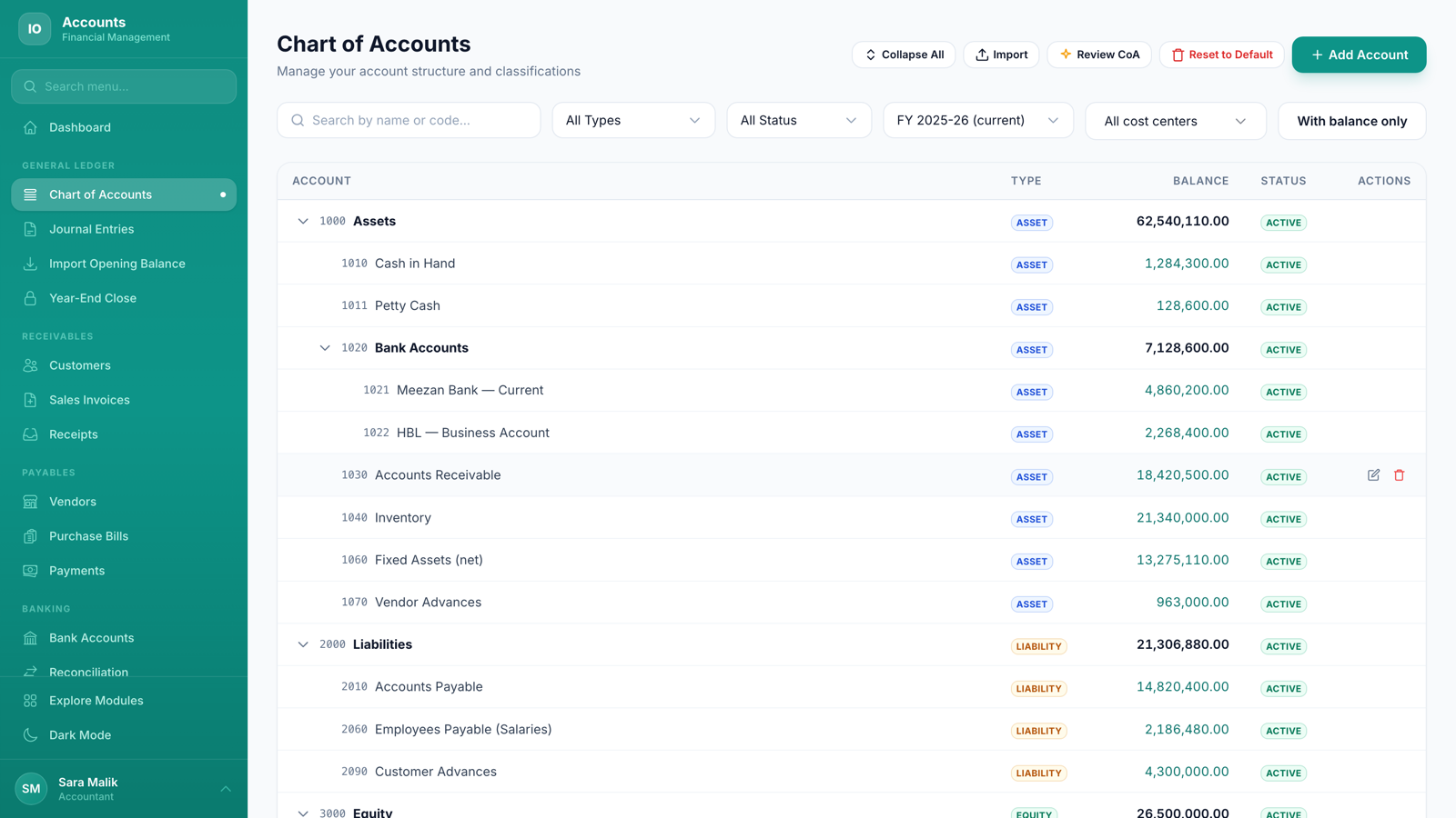 Chart of Accounts - Full account tree management