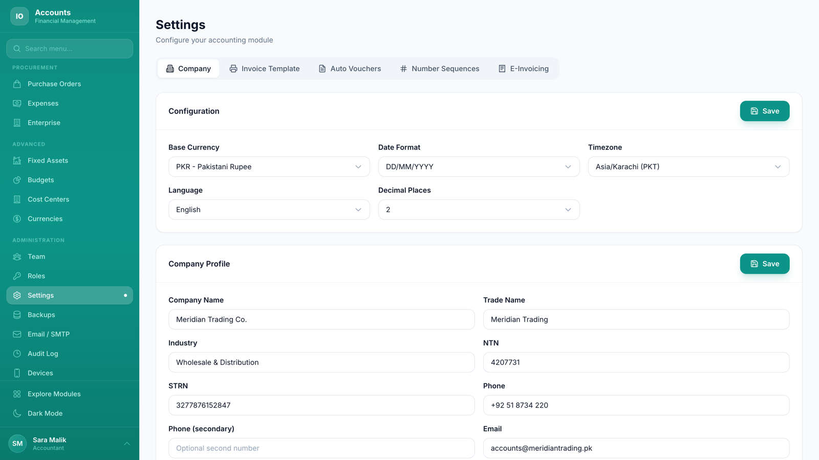 Settings - Company profile, auto vouchers, number sequences
