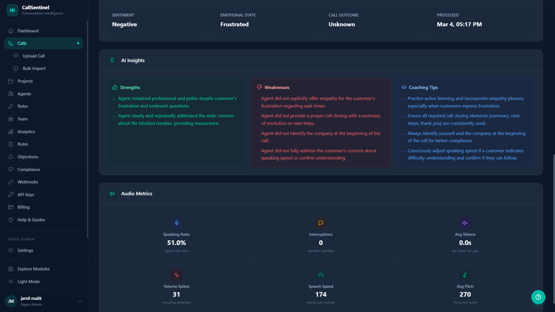 CallSentinel AI Insights - Strengths, weaknesses, coaching tips per call