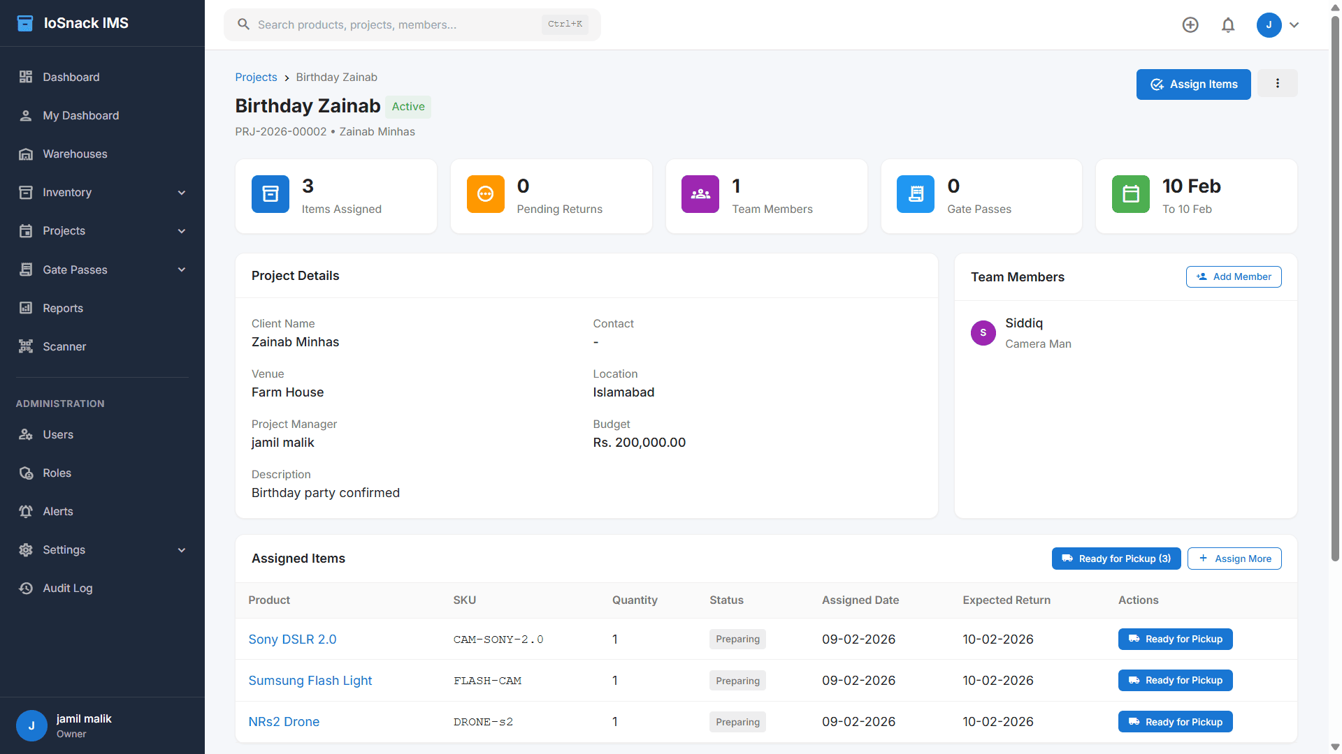 Project & Event Management - Item assignments