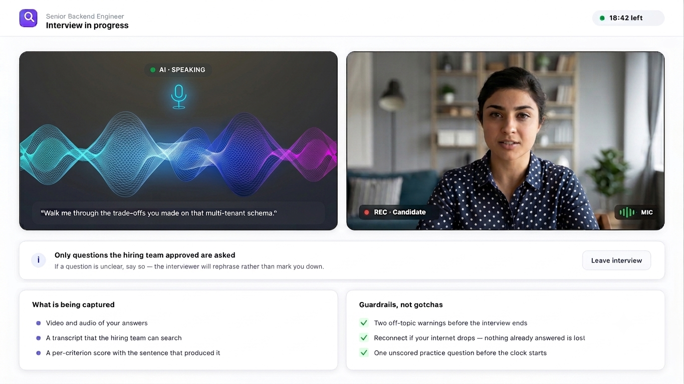 AI Recruiter interview room in progress with the AI presence wave and the candidate camera feed