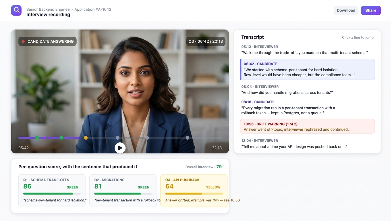 Recruiter reviewing a recorded interview with transcript and per-question scores