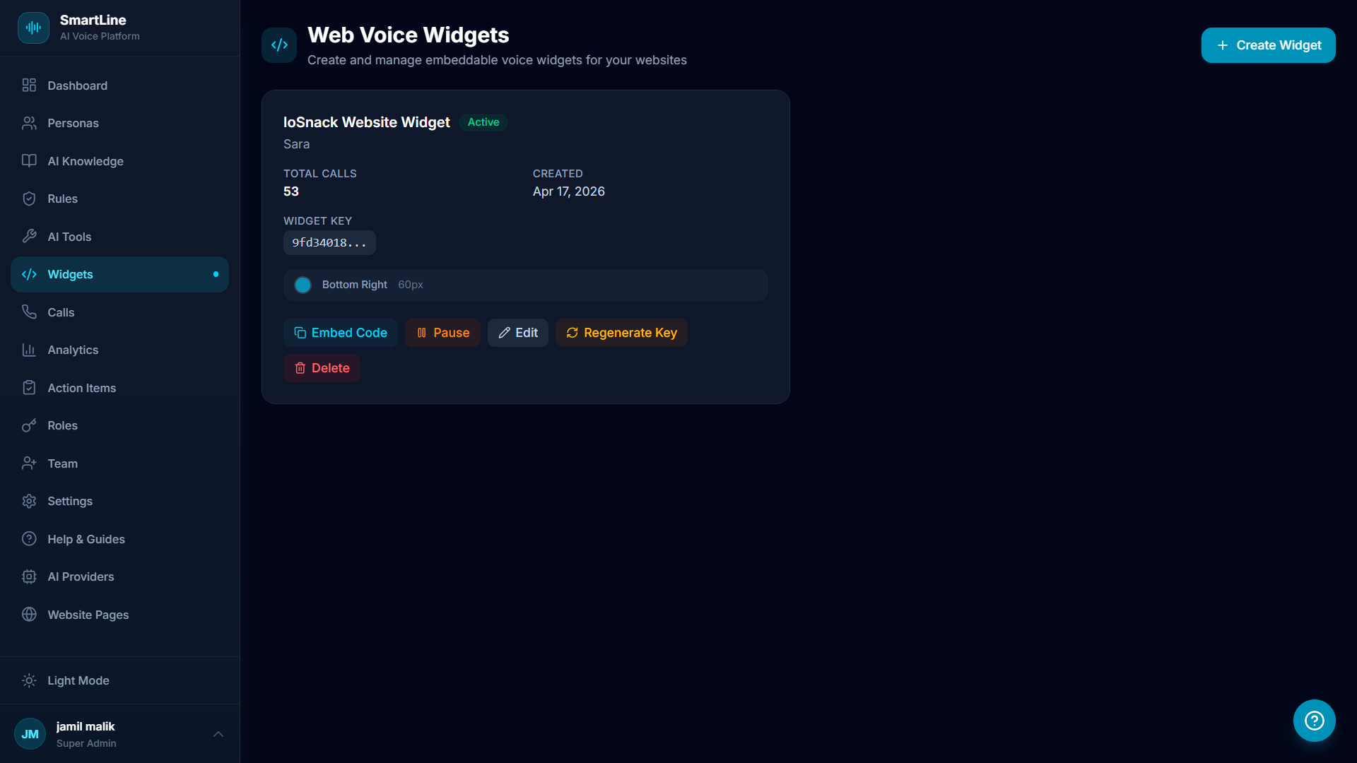 SmartLine Web Voice Widget - IO Snack Website Widget Active with embed code