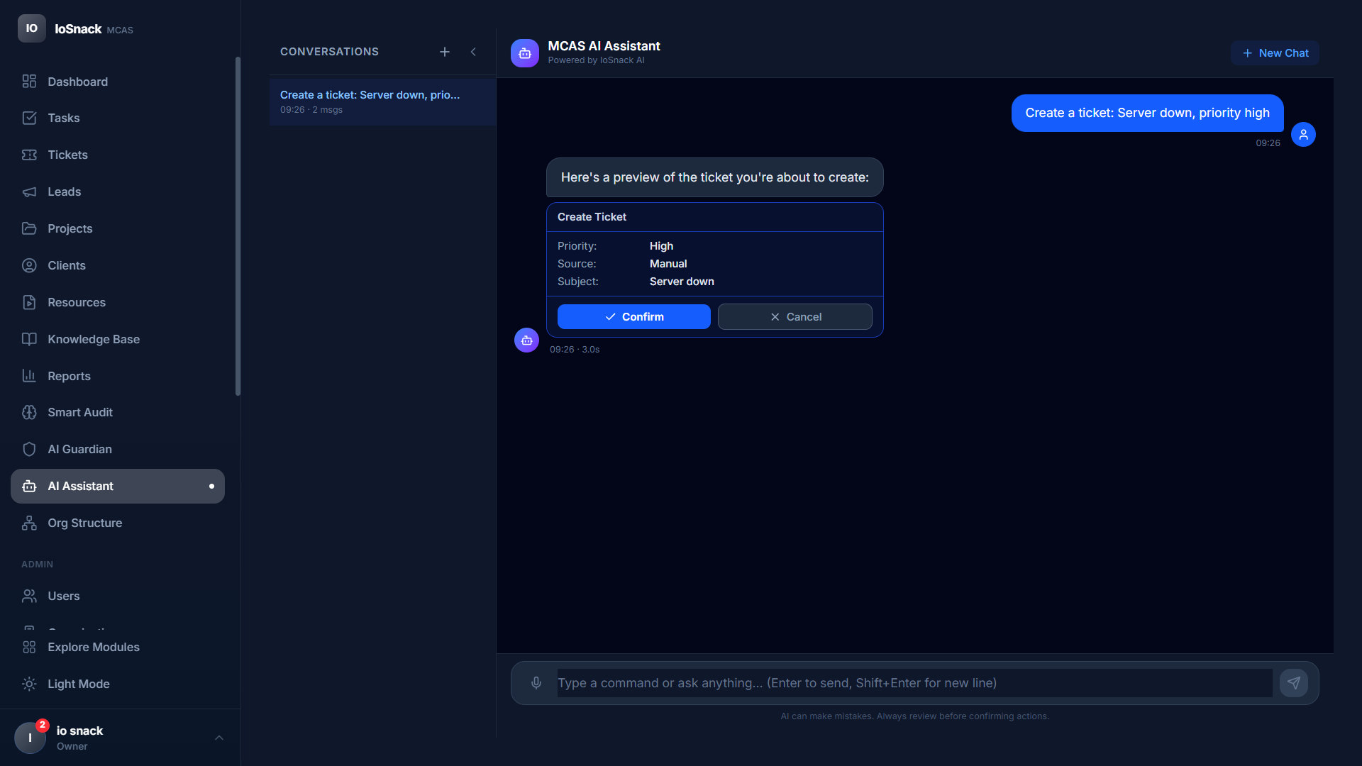 MCAS AI Assistant - Create tickets and tasks by chatting