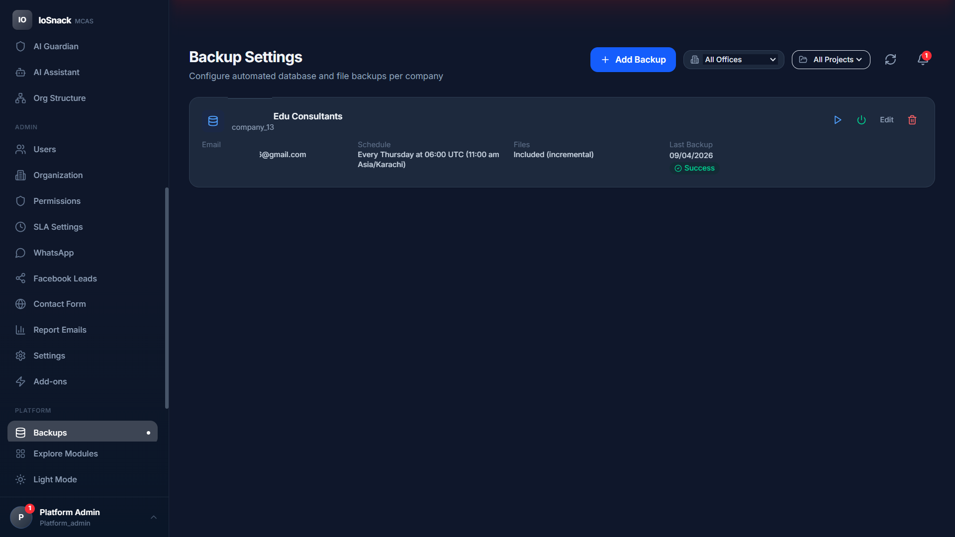 MCAS Backup Settings - Automated database and file backups