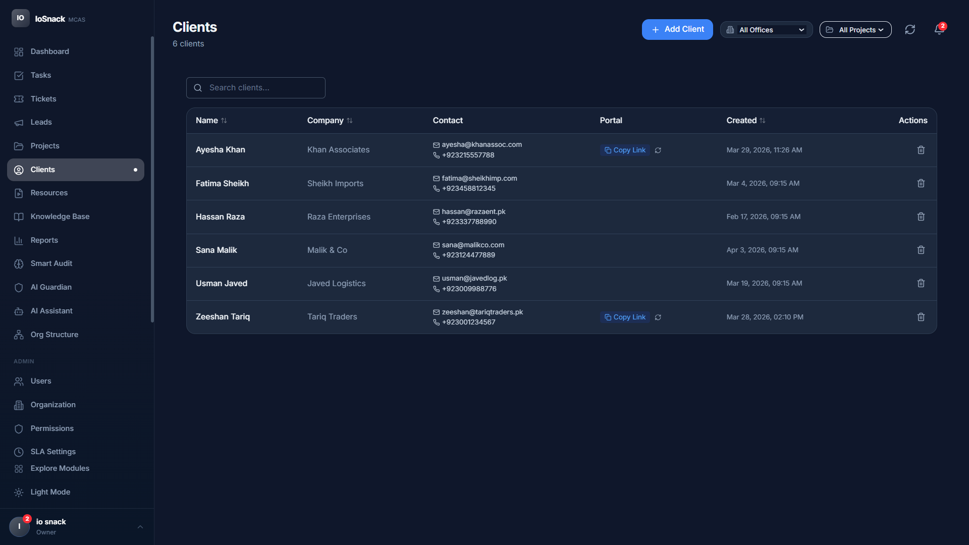 MCAS Clients - Client directory with portal share links