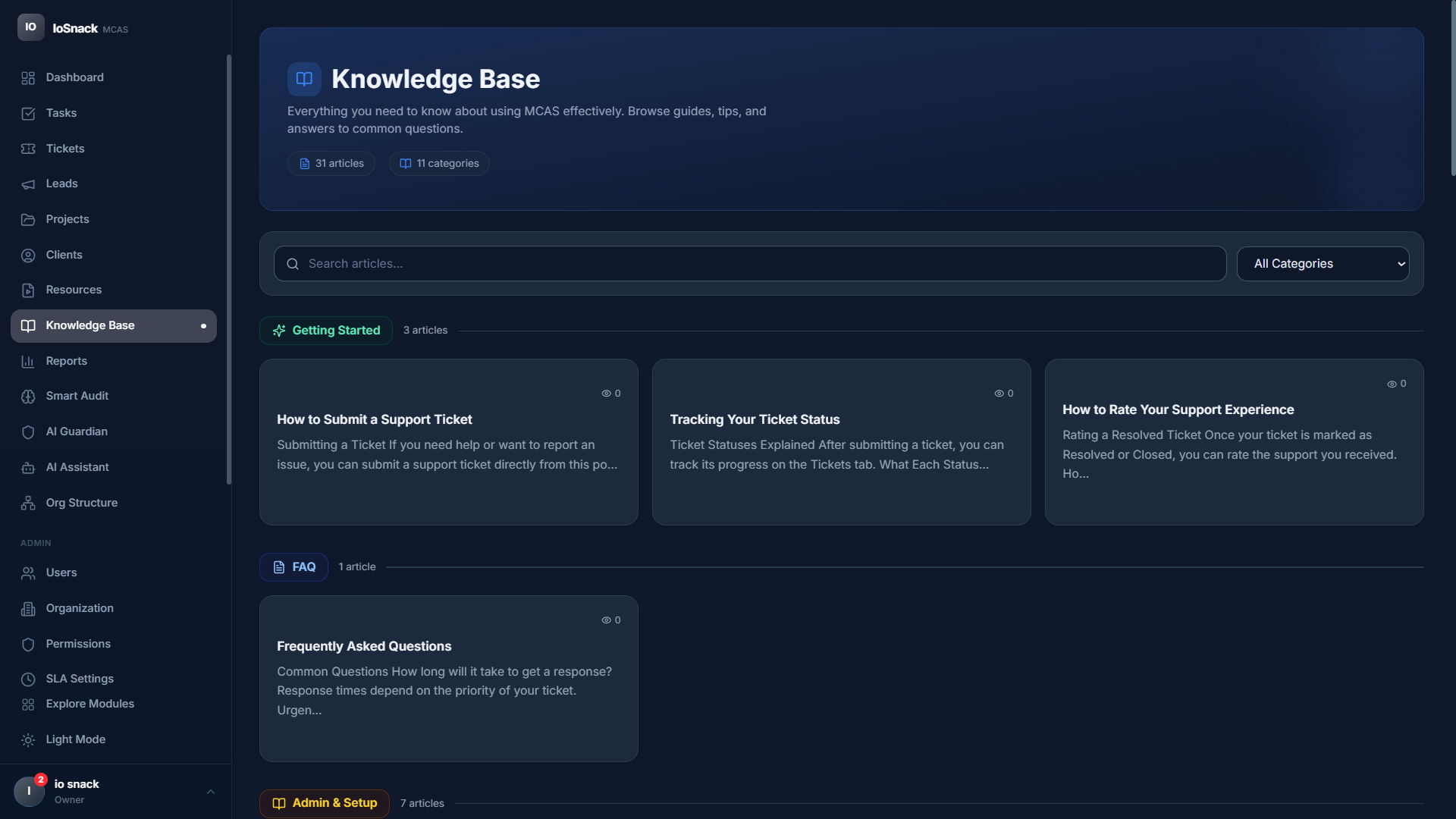 MCAS Knowledge Base - Self-service articles for team and clients