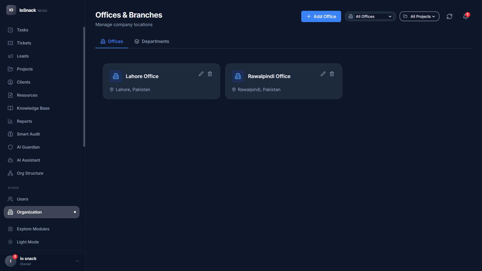 MCAS Offices and Branches - Multi-location setup